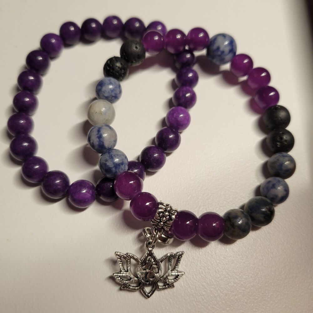 Set of 2 Beaded Bracelets Purple Stone w Charm Silver Stretchy Trendy